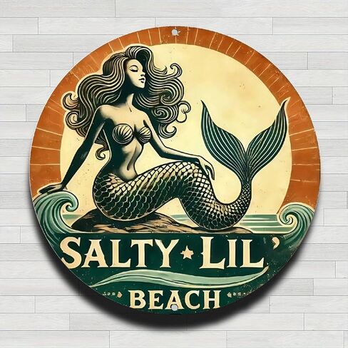 Mermaid on Rock by Ocean Waves Salty Lil Beach Vintage Rustic Aluminum Metal Round Wall Sign -8in Indoor Outdoor Gifts And Decor for Home, Office, Cafe & Yard in Kuwait