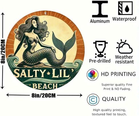 Mermaid on Rock by Ocean Waves Salty Lil Beach Vintage Rustic Aluminum Metal Round Wall Sign -8in Indoor Outdoor Gifts And Decor for Home, Office, Cafe & Yard in Kuwait