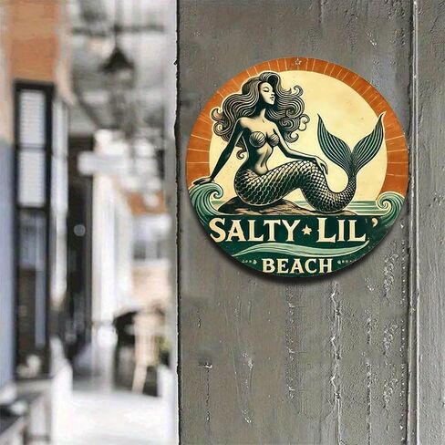Mermaid on Rock by Ocean Waves Salty Lil Beach Vintage Rustic Aluminum Metal Round Wall Sign -8in Indoor Outdoor Gifts And Decor for Home, Office, Cafe & Yard in Kuwait