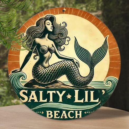 Mermaid on Rock by Ocean Waves Salty Lil Beach Vintage Rustic Aluminum Metal Round Wall Sign -8in Indoor Outdoor Gifts And Decor for Home, Office, Cafe & Yard in Kuwait