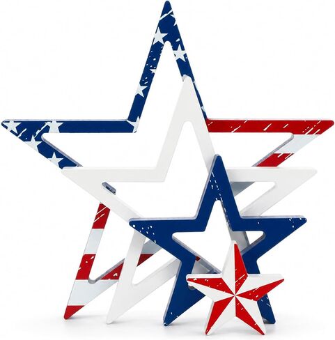 4Pcs 4th of July Wooden Star Signs Table Decorations 250th Anniversary Patriotic Red White Blue Stars Tiered Tray Decor for Independence Veterans Labor Memorial Day Home School Classroom Decor in Saudi Arabia
