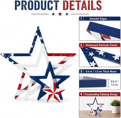 4Pcs 4th of July Wooden Star Signs Table Decorations 250th Anniversary Patriotic Red White Blue Stars Tiered Tray Decor for Independence Veterans Labor Memorial Day Home School Classroom Decor in Saudi Arabia