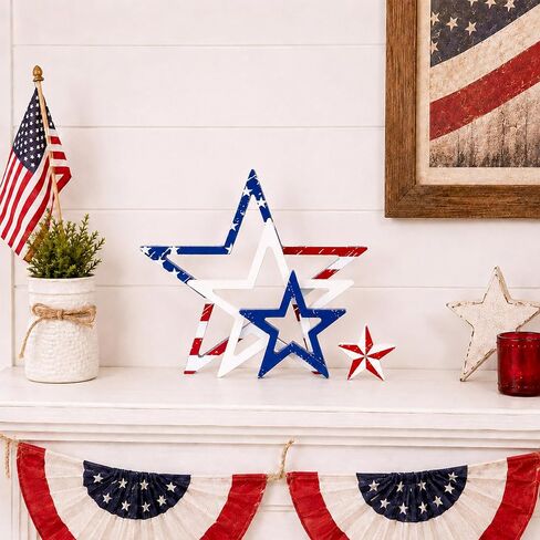4Pcs 4th of July Wooden Star Signs Table Decorations 250th Anniversary Patriotic Red White Blue Stars Tiered Tray Decor for Independence Veterans Labor Memorial Day Home School Classroom Decor in Saudi Arabia