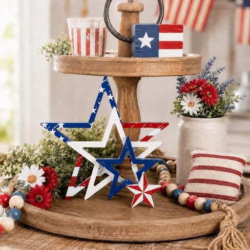 4Pcs 4th of July Wooden Star Signs Table Decorations 250th Anniversary Patriotic Red White Blue Stars Tiered Tray Decor for Independence Veterans Labor Memorial Day Home School Classroom Decor in Saudi Arabia
