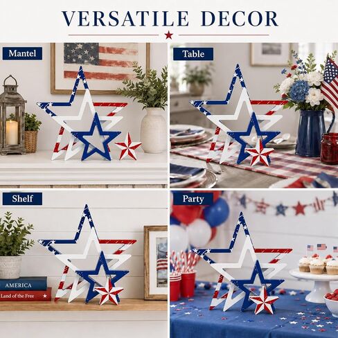 4Pcs 4th of July Wooden Star Signs Table Decorations 250th Anniversary Patriotic Red White Blue Stars Tiered Tray Decor for Independence Veterans Labor Memorial Day Home School Classroom Decor in Saudi Arabia