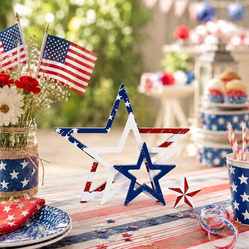4Pcs 4th of July Wooden Star Signs Table Decorations 250th Anniversary Patriotic Red White Blue Stars Tiered Tray Decor for Independence Veterans Labor Memorial Day Home School Classroom Decor in Saudi Arabia