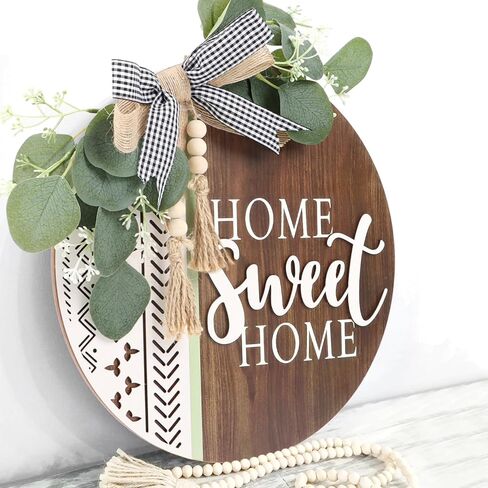 TOARTi 3D Welcome Front Door Wreath Porch Decor, Wooden Home Sweet Home Boho Outdoor Sign Hanging, Farmhouse Aztec Wall Sign Hanger with Artificial Leaves&Rustic Beads in Kuwait