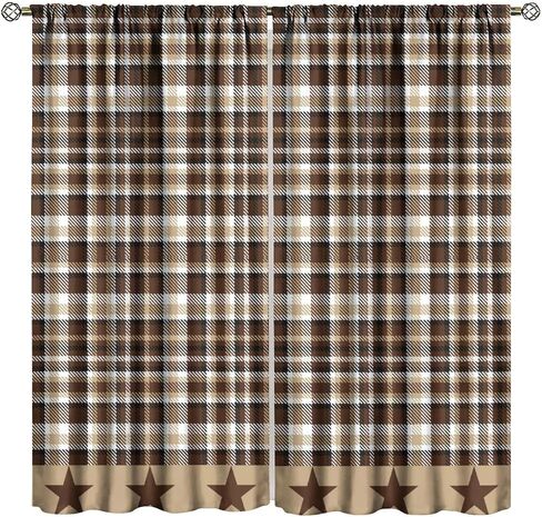 Country Checked Stars Curtain，Burgundy Brown Black Farmhouse Star Artistic Design Printed Rod Pocket Window Drapes for Bedroom Living Room 42" W X 45" L in Kuwait