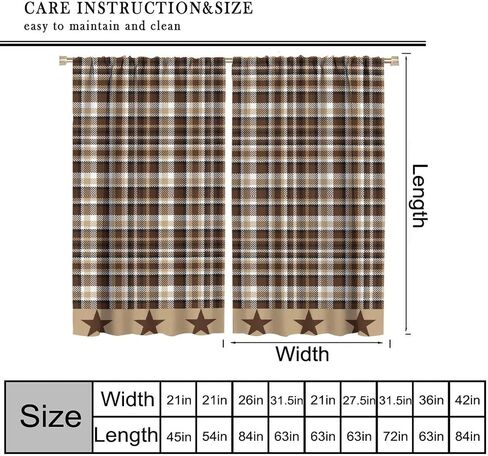 Country Checked Stars Curtain，Burgundy Brown Black Farmhouse Star Artistic Design Printed Rod Pocket Window Drapes for Bedroom Living Room 42" W X 45" L in Kuwait