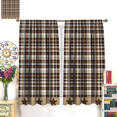 Country Checked Stars Curtain，Burgundy Brown Black Farmhouse Star Artistic Design Printed Rod Pocket Window Drapes for Bedroom Living Room 42" W X 45" L in Kuwait