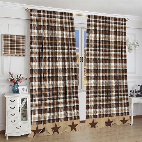 Country Checked Stars Curtain，Burgundy Brown Black Farmhouse Star Artistic Design Printed Rod Pocket Window Drapes for Bedroom Living Room 42" W X 45" L in Kuwait