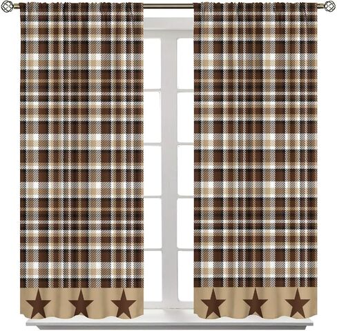 Country Checked Stars Curtain，Burgundy Brown Black Farmhouse Star Artistic Design Printed Rod Pocket Window Drapes for Bedroom Living Room 42" W X 45" L in Kuwait