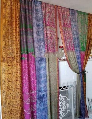 TRENDINDIA زوج واحد من ستائر الساري المصنوعة يدويًا من مزيج الحرير الهندي العتيق متعدد الألوان - 82 × 41 بوصة - ديكور منزلي لغرفة المعيشة وغرفة النوم in Kuwait