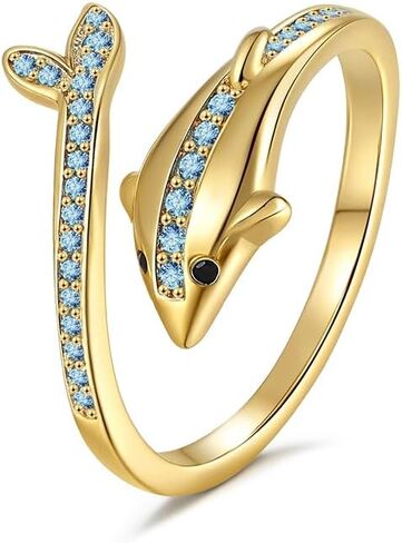 OIDIMS Adjustable Dolphin Ring for Women Sterling Silver Plated Ocean Jewelry Blue Cubic Zirconia Open Band Comfort Fit Thumb Middle Finger Rings Sea Animal Summer Beach Statement for Mother Daughter in Kuwait
