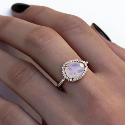 925 Sterling Silver Moonstone Ring for Women Rose Gold/Gold/Silver Plated, with CZ Halo, Natural Moonstone Statement Ring for Engagement, Wedding Gift(Silver，Size 7) in Saudi Arabia