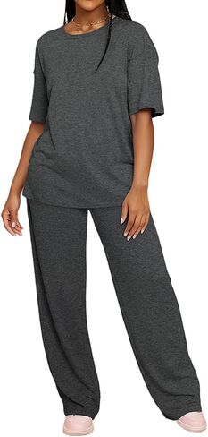 HBQ Women's 2 Piece Outfits Loose Fit Tops Wide Leg Pants Short Sleeve Lounge Matching Sets Sweatsuits in Saudi Arabia