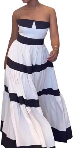 Women's Strapless Tube Stripe Maxi Dress Sleeveless Off Shoulder Bow Tie Color Block Flowy Dresses in Saudi Arabia