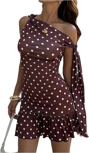 GORGLITTER Women's Polka Dots Mini Dress Off The Shoulder Asymmetrical Ruffle Birthday Vacation Dinner Short Dresses in Saudi Arabia