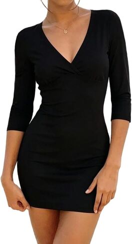 Women Sexy Wrap V Neck 3/4 Sleeve Bodycon Mini Dress Solid Half Sleeve Ruched Bust Backless Fitting Short Dress in Saudi Arabia