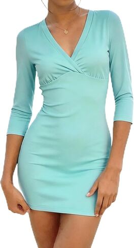 Women Sexy Wrap V Neck 3/4 Sleeve Bodycon Mini Dress Solid Half Sleeve Ruched Bust Backless Fitting Short Dress in Saudi Arabia