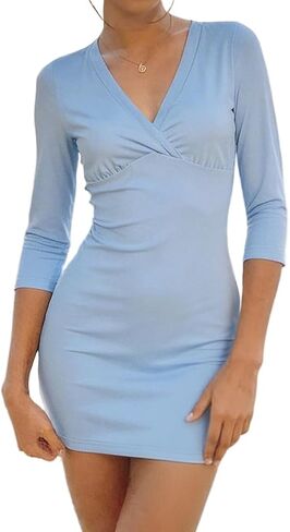 Women Sexy Wrap V Neck 3/4 Sleeve Bodycon Mini Dress Solid Half Sleeve Ruched Bust Backless Fitting Short Dress in Saudi Arabia