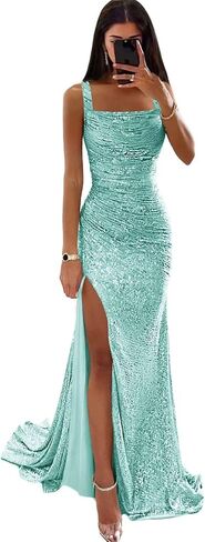 Sparkly Sequins Mermaid Prom Dresses 2026 for Women with Slit Long Square Neck Ruched Formal Evening Gown ZO045 in Saudi Arabia