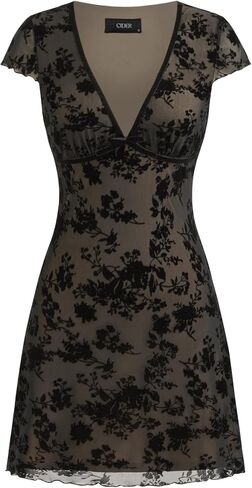 CIDER Mini Dress Floral Print Mesh V Neck Short Sleeve Bow Detail Middle Waist Party Dress in Saudi Arabia