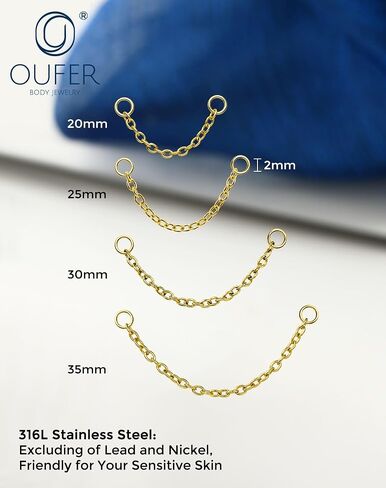 OUFER 316 Stainless Steel 4PCS Silver/Gold Connector Chain, Convertible Dangle Chain for Doule Ear or Nose Piercing, 20-35mm Hypoallergenic Piercing Chain for Helix Tongue Lip Nipple Piercing Jewelry for Women Men in Kuwait