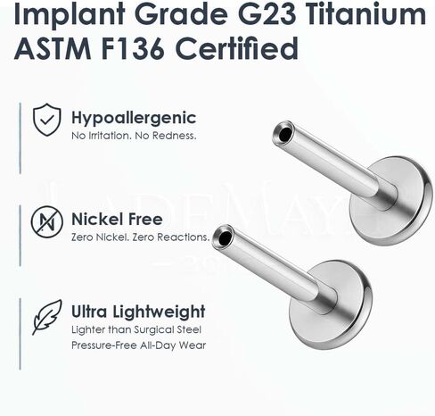 قطعتان من LADEMAYH ASTM F136 من التيتانيوم بظهر مسطح فقط، 20 جرام 18 جرام 16 جرام استبدال ظهر Labret بدون خيوط، 5 مم 6 مم 7 مم 8 مم طول قاعدة مسمار للأذنين الحساسة in Kuwait