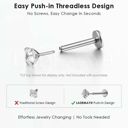 قطعتان من LADEMAYH ASTM F136 من التيتانيوم بظهر مسطح فقط، 20 جرام 18 جرام 16 جرام استبدال ظهر Labret بدون خيوط، 5 مم 6 مم 7 مم 8 مم طول قاعدة مسمار للأذنين الحساسة in Kuwait