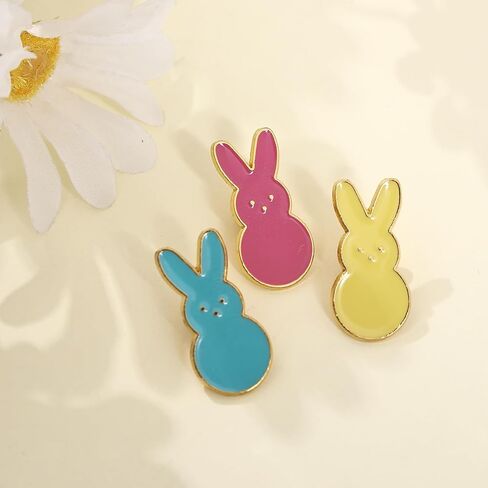 Easter Bunny Enamel Pins, Colorful Peeps Rabbit Brooch Set, Blue Yellow Pink with Gold Trim, 3 Pack Holiday Decoration Gift in Saudi Arabia
