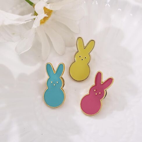 Easter Bunny Enamel Pins, Colorful Peeps Rabbit Brooch Set, Blue Yellow Pink with Gold Trim, 3 Pack Holiday Decoration Gift in Saudi Arabia