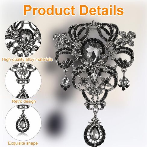 Black Brooch for Women - Vintage Austrian Crystal Brooch Pin, Elegant Floral Design, Perfect for Weddings, Parties, and Daily Wear, Large Brooches and Pins for Women in Saudi Arabia