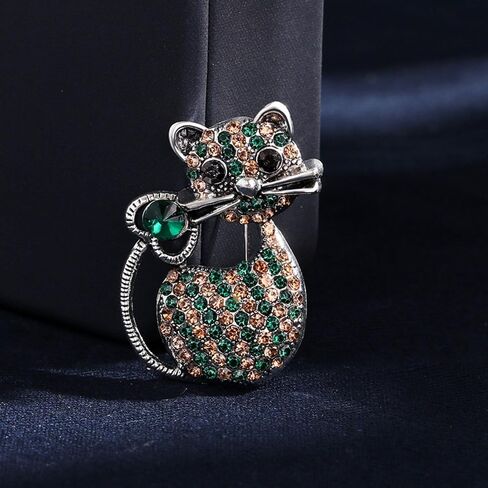 Cute Rhinestone Cat Brooch Pin, Premium Alloy Kitten Lapel Pin, Elegant Women Fashion Jewelry Accessory for Daily Wear & Gifting(Green) in Kuwait