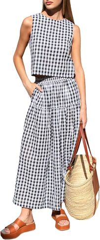 QIBABU Womens Gingham 2 Piece Outfits Casual Sleeveless Crop Top and High Waisted Tiered Skirt Plaid Sets Summer Dressy in Saudi Arabia