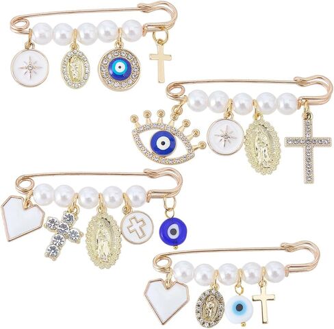 1 Box 4 Styles Evil Eye Safety Pin Decorative Brooch Pins Real 18K Gold Plated Iron Brass Enamel Devil Eyes Cross Heart Good Luck Clothes Brooch for Sweater Shawl Pants Waist Accessories in Saudi Arabia
