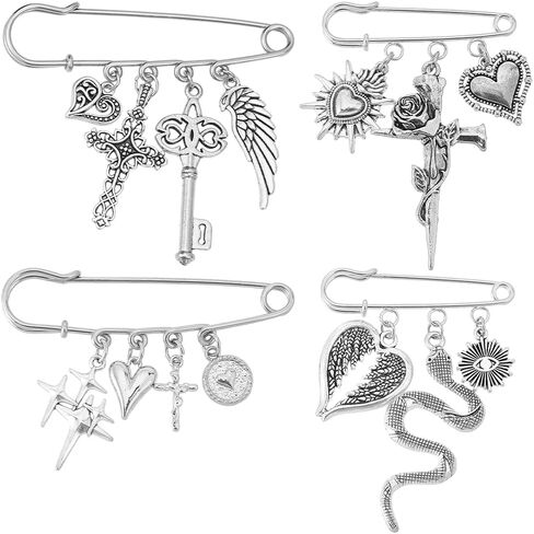 1 Box 4 Styles Evil Eye Safety Pin Decorative Brooch Pins Real 18K Gold Plated Iron Brass Enamel Devil Eyes Cross Heart Good Luck Clothes Brooch for Sweater Shawl Pants Waist Accessories in Saudi Arabia
