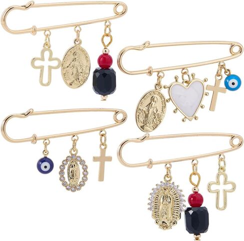 1 Box 4 Styles Evil Eye Safety Pin Decorative Brooch Pins Real 18K Gold Plated Iron Brass Enamel Devil Eyes Cross Heart Good Luck Clothes Brooch for Sweater Shawl Pants Waist Accessories in Saudi Arabia