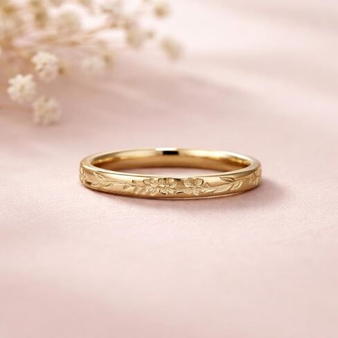 Floral Engraved Gold Wedding Band for Women | Vintage Style Minimalist Stackable Ring | Dainty Leaf Pattern Ring | Elegant Everyday Jewelry Gift for Her in Kuwait