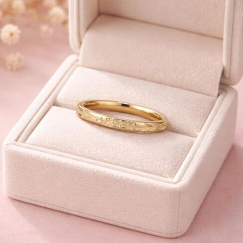 Floral Engraved Gold Wedding Band for Women | Vintage Style Minimalist Stackable Ring | Dainty Leaf Pattern Ring | Elegant Everyday Jewelry Gift for Her in Kuwait