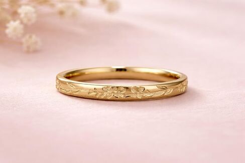 Floral Engraved Gold Wedding Band for Women | Vintage Style Minimalist Stackable Ring | Dainty Leaf Pattern Ring | Elegant Everyday Jewelry Gift for Her in Kuwait