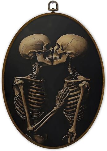 Gnmduw Vintage Skeleton Couple Kissing Oval Wall Art Framed, Gothic Skeleton Kiss Canvas Prints Hanging Decorations, Moody Skull Dark Aesthetic Wall Decor for Home, Creepy Bedroom Decor, 8.7x11.3 In in Saudi Arabia