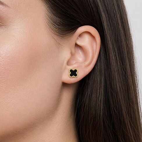 JTV Gold Tone Stainless Steel Enamel Clover Stud Earrings for Women - Tarnish Resistant Fashion Jewelry with Push Back Closure - Available in White or Black Quatrefoil Studs - 9.5 mm in Saudi Arabia