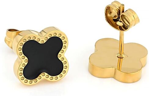 JTV Gold Tone Stainless Steel Enamel Clover Stud Earrings for Women - Tarnish Resistant Fashion Jewelry with Push Back Closure - Available in White or Black Quatrefoil Studs - 9.5 mm in Saudi Arabia