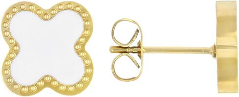 JTV Gold Tone Stainless Steel Enamel Clover Stud Earrings for Women - Tarnish Resistant Fashion Jewelry with Push Back Closure - Available in White or Black Quatrefoil Studs - 9.5 mm in Saudi Arabia