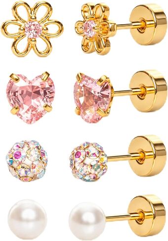 4 Pairs Gold Tone Stainless Steel Stud Earrings Set Hypoallergenic Screw Back Earrings with Pearl Flower Heart and Crystal Ball Designs for Women in Saudi Arabia