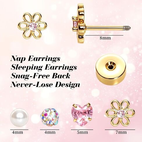 4 Pairs Gold Tone Stainless Steel Stud Earrings Set Hypoallergenic Screw Back Earrings with Pearl Flower Heart and Crystal Ball Designs for Women in Saudi Arabia