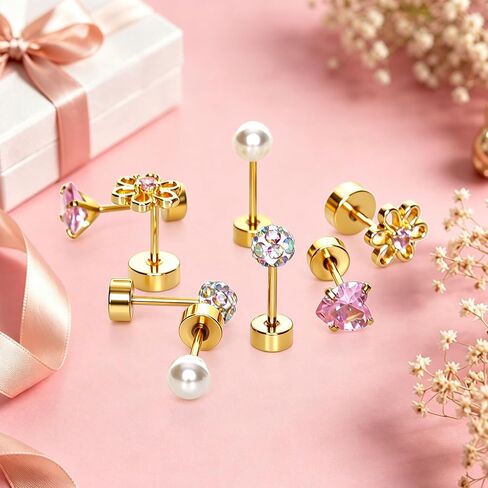 4 Pairs Gold Tone Stainless Steel Stud Earrings Set Hypoallergenic Screw Back Earrings with Pearl Flower Heart and Crystal Ball Designs for Women in Saudi Arabia