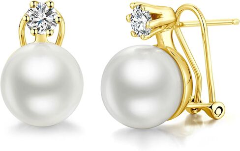 14K Gold Plated Pearl Earrings for Women 925 Sterling Silver Hypoallergenic Pearl Stud Earrings 8-13mm 5A Cubic Zirconia Elegant Jewelry Gift for Mom Wife in Kuwait