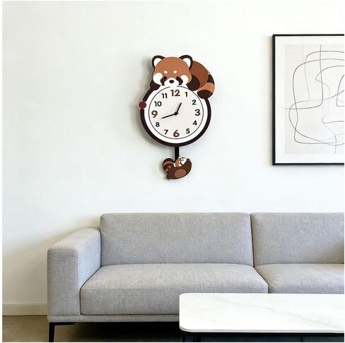 9'Wx21'H Red Panda Wall Clock with Pendulum, Non-Ticking Battery Operated, Modern Animal Shaped Design for Kids Room, Living Room, Bedroom, Office Decor, in Kuwait